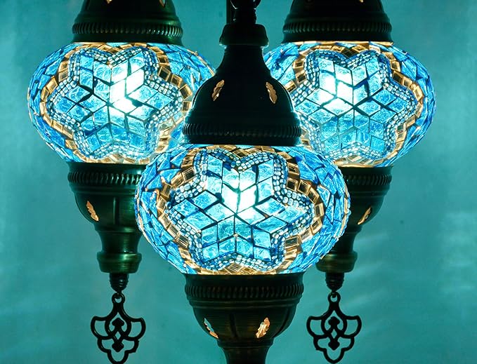 mozaist Moroccan Handmade Mosaic Table Lamp, Turkish Vintage Boho Style Desk Light, 3 Globe Bedside Country Décor for Home Lighting, Rural Authentic Unique Gift with US Plug & E12 Socket (Sea Blue)