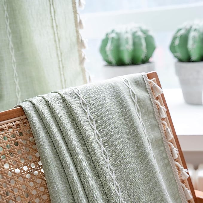 Sutuo Home Sage Green Boho Curtains for Bedroom Living Room, Semi Blackout Chic Farmhouse Country Tassels Window Treatment Bohemian Embroidery Drape for Christmas, Rod Pocket 1 Panel 52" W x 90" L