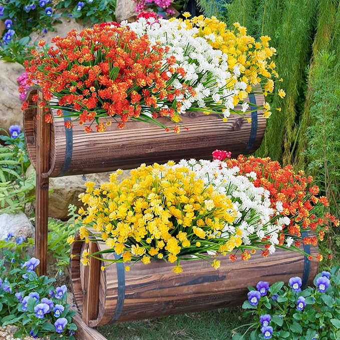 Ouddy Decor 24 Bundles Artificial Flowers for Outdoors UV Resistant Fake Plastic Plants Faux Boston Fern Greenery Stems for Spring Summer Indoor Garden Patio Window Box Kitchen Home Decor, Orange