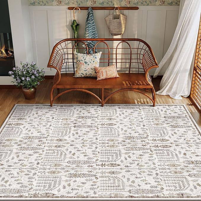 Area Rug 5x7 Washable Taupe Carpet Non Slip Large Boho Thin Floral Farmhouse Throw Accent Rug for Living Room Bedroom Office Kitchen Bathroom