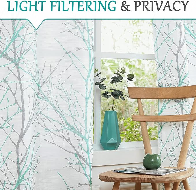 FMFUNCTEX Linen Semi Sheer Curtains for Bedroom, Auqa Blue White Curtains 96 Inches Long for Living Room, Grey Tree Branch Patterned Curtain Light Filtering Window Drapes, Grommet Top 2 Panels
