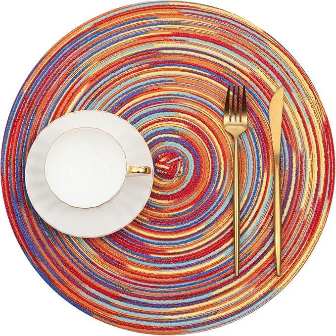 SHACOS Round Braided Placemats Set of 4 Variegated Colorful Placemats for Dining Tables Holiday Party Decor (Rainbow Red, 4)