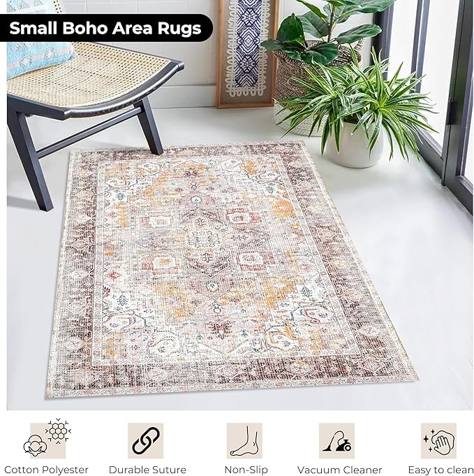 Feet Washable Soft Small Boho Area Rugs, Rags Rug, Printed Carpet Chennile Rugs for Living Room 27x45 inch Cream Brown Multi,Machine Washable Printed Rugs - 30% Cotton, 70% Polyester