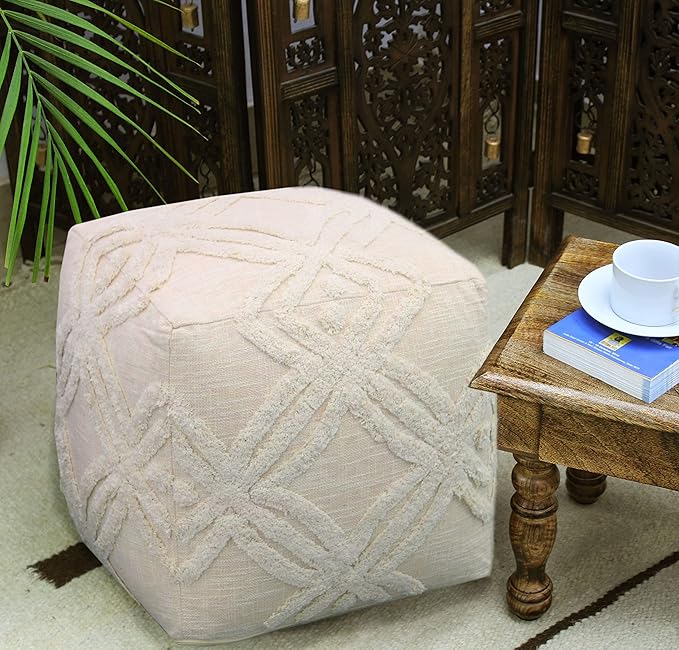 COTTON CRAFT Hand Tufted Pouf - Bedroom Dorm Home Accent - Foot Stool - Ottoman - Bean Bag - Versatile Modern Comfortable Prefilled Woven Cotton Square Pouf Footrest - 16x16x16 inches - Ivory