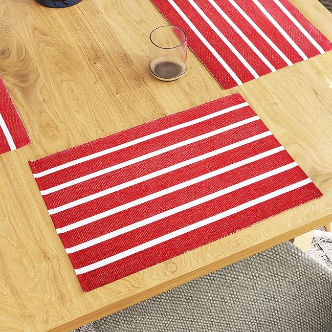 Encasa XO Dining Placemat Set of 6 | Roma Red Stripes Color | Fine Ribbed Cotton Table mat | Size 19x13 in | Machine Washable