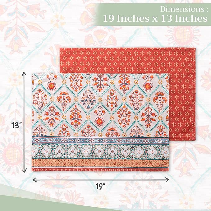 Maison d' Hermine Placemats Set of 4 100% Cotton Washable Cloth Place Mats, Reusable Table Mats for Kitchen Dining Decoration, Party, Wedding, Restaurant (Romane, 13" x 19")