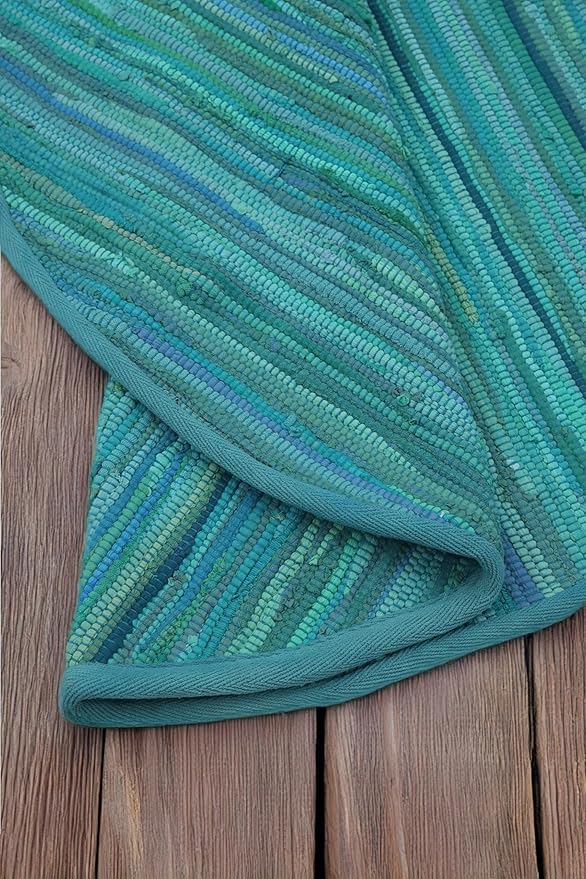 Area Rugs 4Ft Round Teal Handwoven Rug Farmhouse Green for Bedroom, Bathroom,Living Room | Boho Reversible Washable RagRug Circle Carpet for Kitchen, Patio, Kids Playroom, Nursery