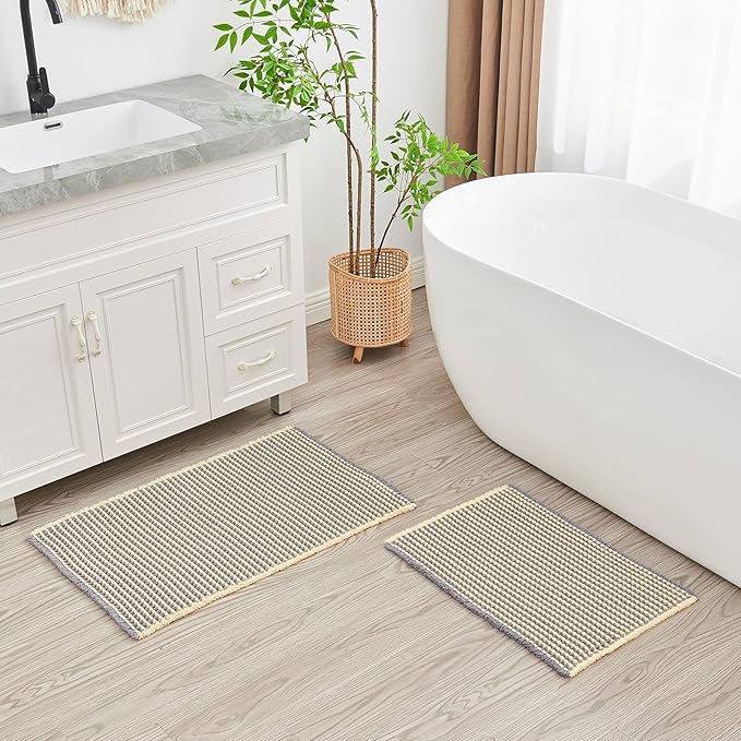 Douceur Waffle Bath mat for Bathroom Floor Non Slip, Super Soft Acrylic Blend Bath Rugs with Tassels, Quick Dry Bathroom Rugs Machine Washable, 16" x 24", Grey&Yellow