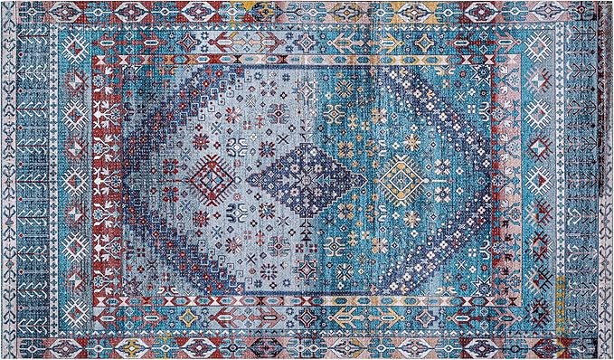 Washable Soft Small Boho Area Rugs, Rags Rug, Printed Carpet Chennile Rugs for Living Room 27x45 inch Teal Blue Multi,Machine Washable Printed Rugs - 30% Cotton, 70% Polyester