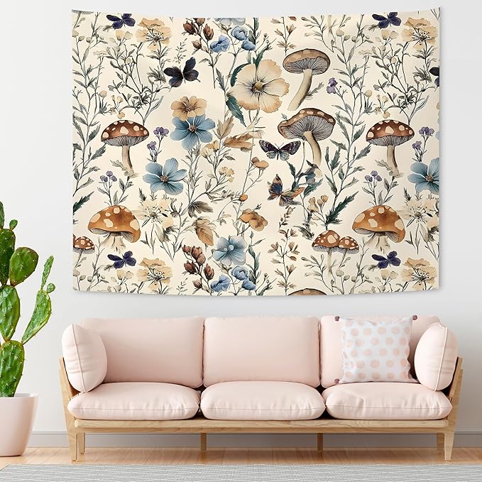 KAIOUS Floral Mushroom Tapestry, Vintage Floral Mushroom Flower Tapestry Wall Hanging Art Aesthetic Decor for Girls Bedroom Living Room Dorm Bed Women 50x58 Inches