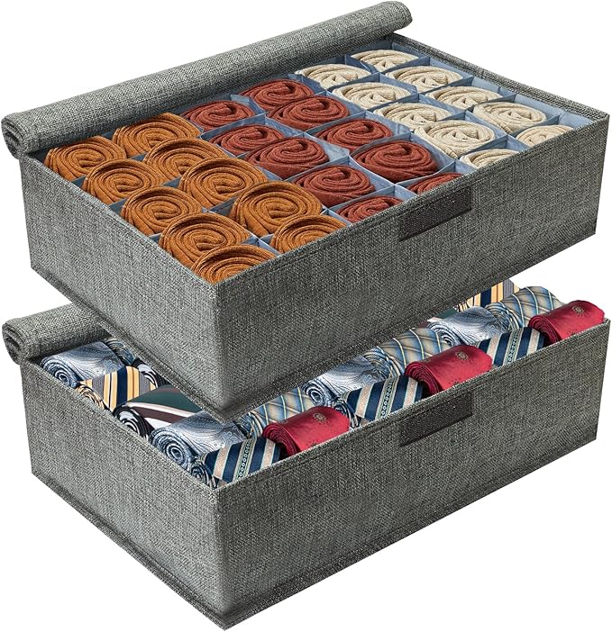 PINGMIC Gray Sock Organizer Divider 2 Pack with Lid - 30 Cell Foldable Closet Storage, Tie Organizer For Men Boxes for Socks, Ties, Belts 0