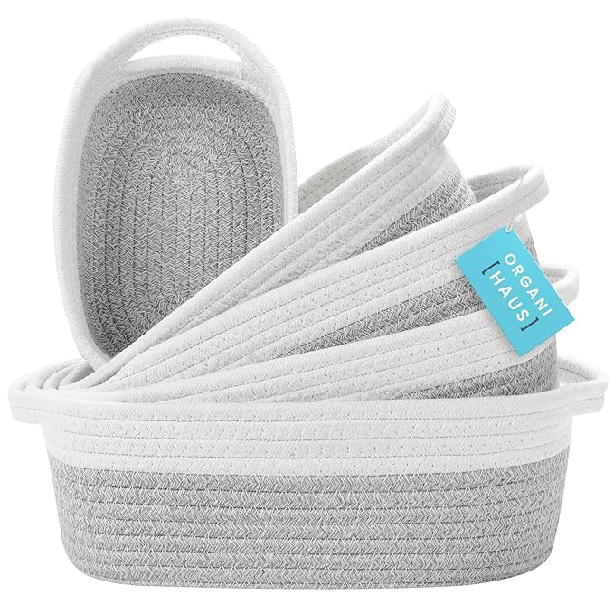 OrganiHaus Set of 5 Rectangle Bathroom Storage Baskets for Organizing, Small Woven Baskets for Storage Basket for Bathroom, Nursery Storage Basket for Baby Nursery Organization, Cute Bins, Gray/White