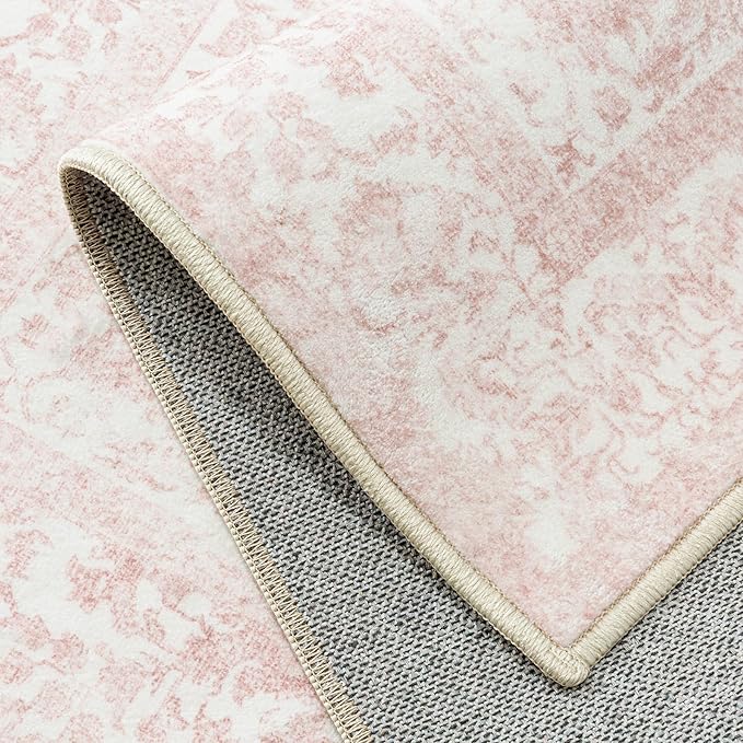 Pink Area Rug 8x10 Machine Washable Large Vintage Living Room Distressed Non Slip Carpet Traditional Indoor Bedroom Retro Floral Accent Throw Rug for Office Kitchen Dining Room