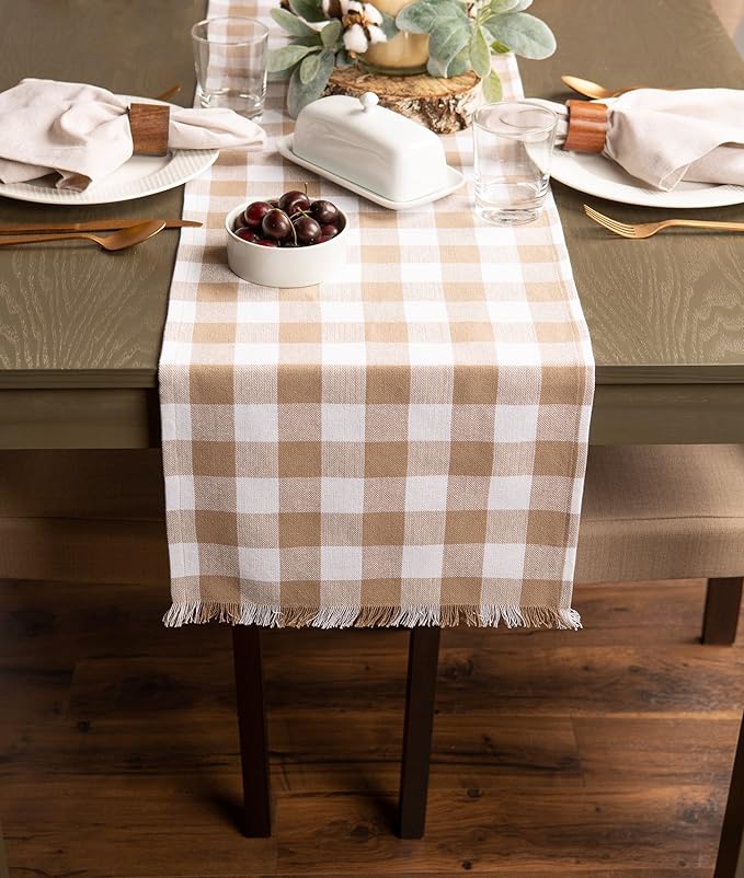 DII Heavyweight Fringed Check Tabletop Collection, Table Runner, 14x108, Stone Brown