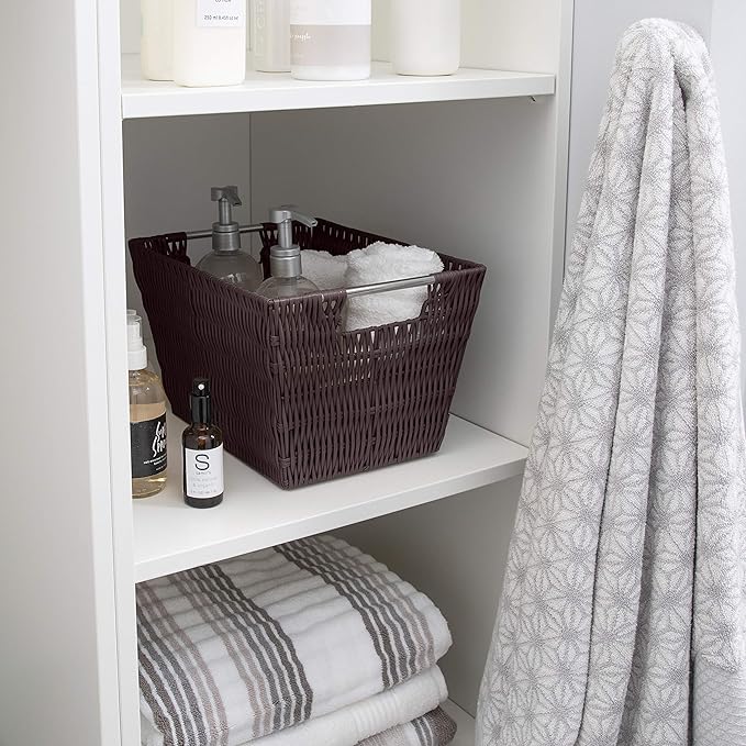 Simplify 12"x10"x8" Medium Woven Basket for Storage with Handles, Nursery, Playroom, Toys, Bedroom, Closet, Clothes, Office, Decorative Organizer Rattan Totes, Chocolate