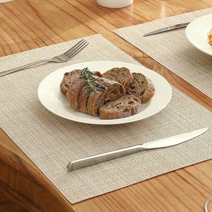 Leetaltree Beige Placemats Set of 12 - Heat Resistant Non-Slip Place mats for Dining Table, Washable Durable PVC Vinyl Woven Table Mats(Beige, 12)