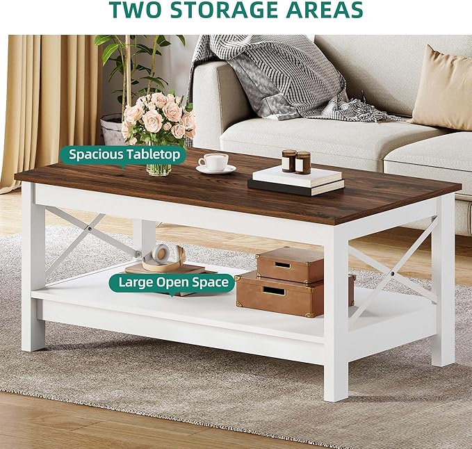YITAHOME Coffee Table for Living Room,Modern Farmhouse Coffee Table with Storage,2-Tier Center Table for Living Room Wood Living Room Table Accent Cocktail with Sturdy Frame,Brown
