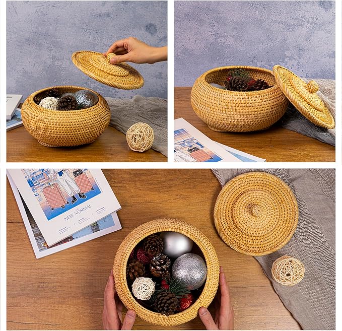 Hand-Woven Round Rattan Storage Basket with Lid – 8.6x5.1 Inch Durable Wicker Box for Picnic, Decoration, and Multi-Purpose Storage – Eco-Friendly Craftsmanship