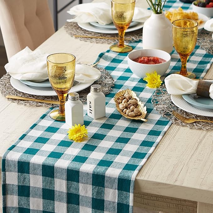 DII Heavyweight Fringed Check Tabletop Collection, Table Runner, 14x108, Teal