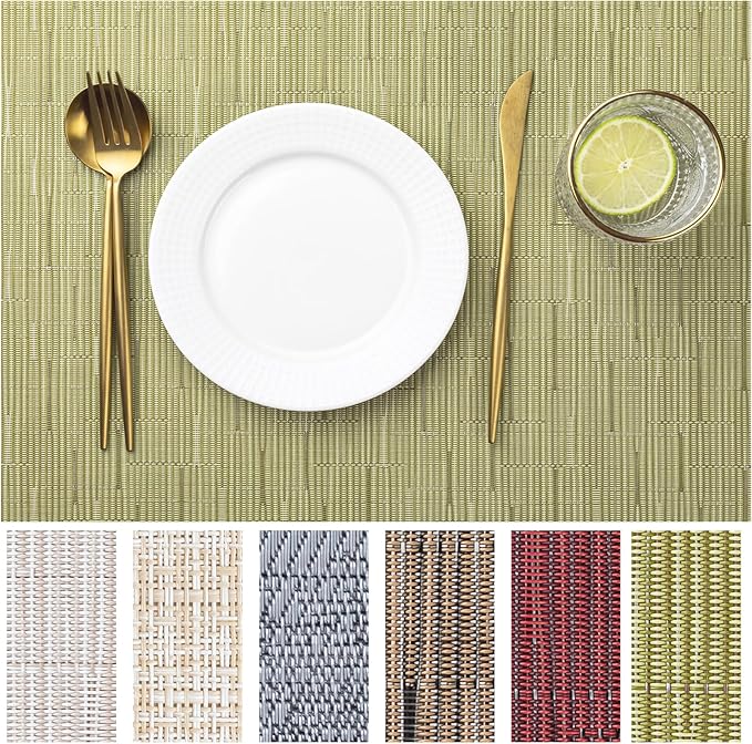 LEXMORE PVC Woven Placemats 6 PCS Wipeable Indoor/Outdoor Table Mats Washable Vinyl Place Mats for Dining Table, Set of 6-Pea Green