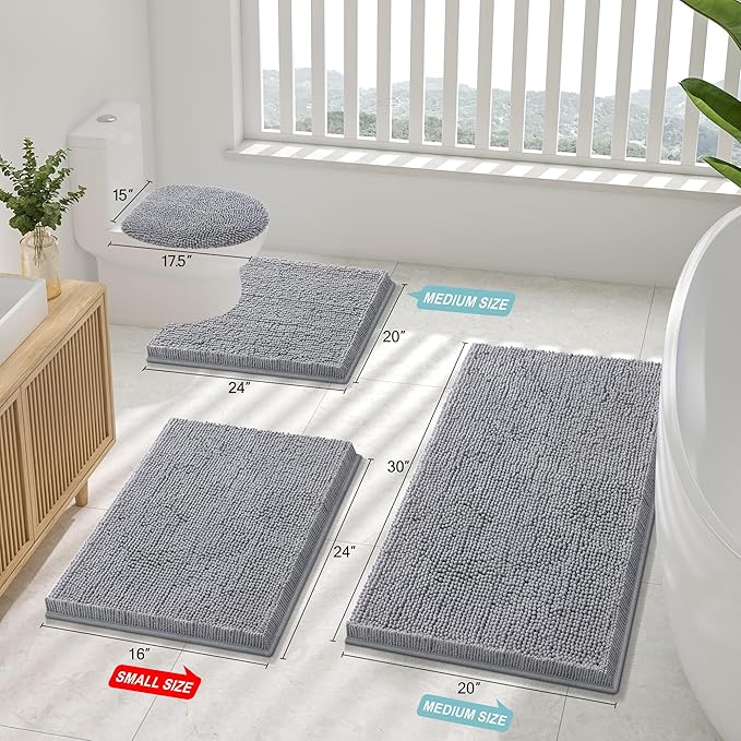 Smiry Luxury Chenille Bathroom Rugs 24x16, Extra Soft and Absorbent Shaggy Bath Mat, Machine Washable, Non-Slip Plush Carpet Runner for Tub, Shower, and Floor, Home Decor Accessories, Grey