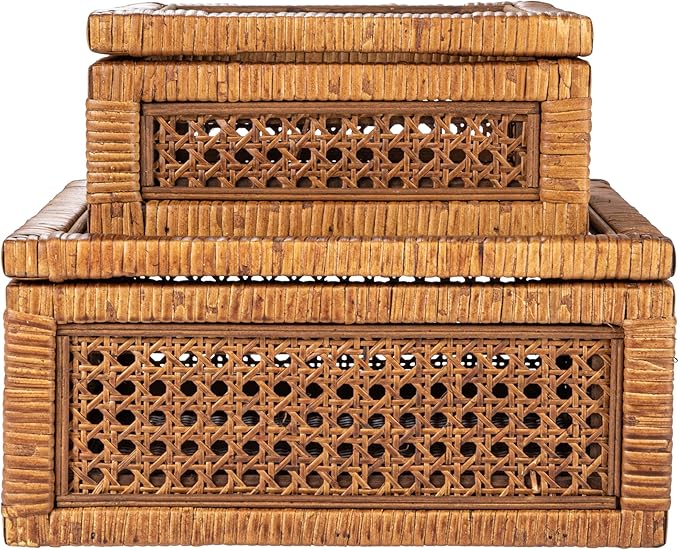 Creative Co-Op Modern Decorative Square Woven Rattan and Wood Display Boxes with Glass Top, Set of 2 Sizes, Dark Brown Finish
