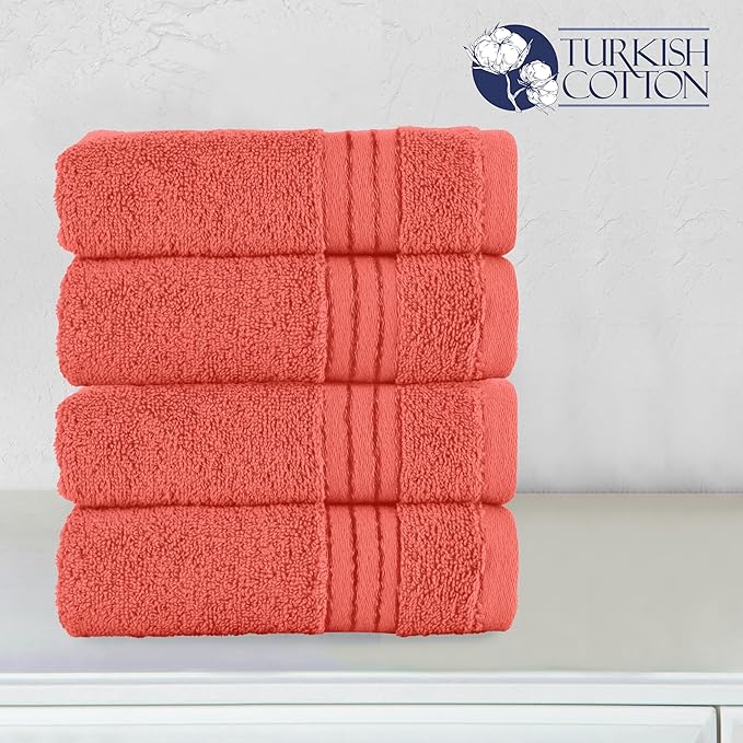 Elegant Comfort Premium Turkish Cotton 4 Pack Hand Towel Set - 16 x 28 inch, Luxurious Hotel Spa Quality 100% Turkish Cotton 4PC Hand Towel Set - Highly Absorbent - Soft Bathroom Towels, Coral