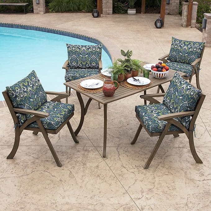 Arden Outdoor Dining Chair Cushion, 21 x 21, Rain-Proof, Fade Resistant 21 x 21, Sapphire Aurora Blue Damask