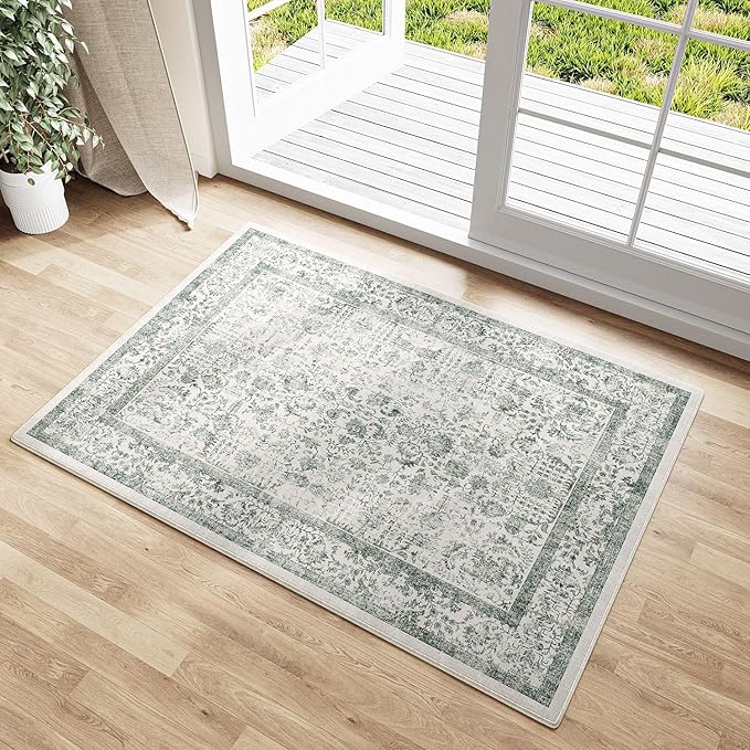 Dark Green Entryway Area Rug 2x3 Door Mat Machine Washable Kitchen Vintage Distressed Non Slip Carpet Indoor Retro Floral Accent Throw Small Rug for Bathroom Office Bedroom Dining Room