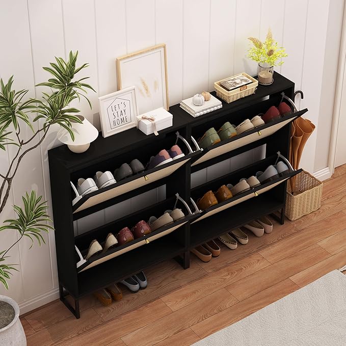 AVZEAR Narrow Shoe Cabinet with 2 Flip Drawer, Freestanding Shoe Organizer Shoe Cabinet Storage for Entryway, Slim Shoe Storage Shoe Rack for Closet with Linen Doors in Hallway, Living Room(Black)