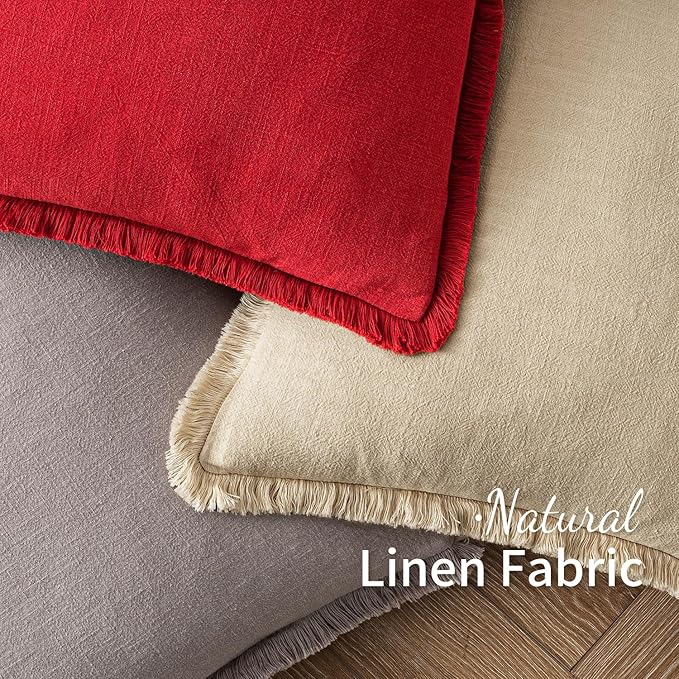 MIULEE Decorative Throw Pillow Covers Neutral Linen Fringe Throw Pillows Set of 2 Red Boho Farmhouse Cushion Covers with Tassels for Couch Sofa Bed Living Room Spring Home Decor 18x18 Inch