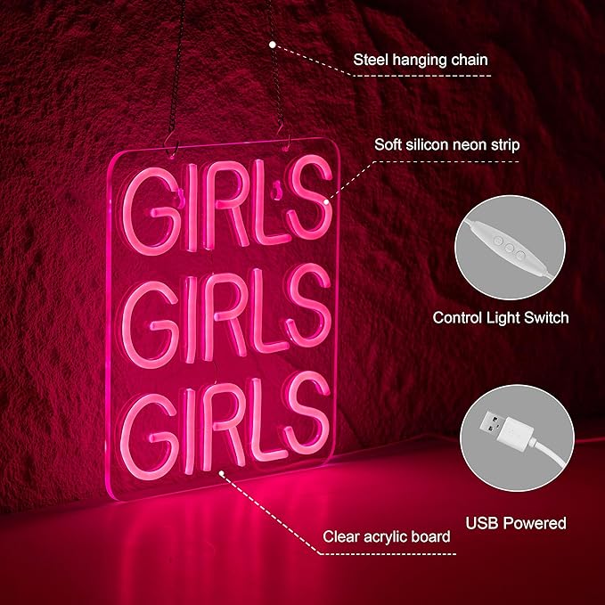 Neon Signs Girls Beer Bar Home Art Neon Light LED Neon Lights Sign with Dimmer for Bedroom Office Hotel Pub Cafe Recreation Room Man Cave Wall Sign Decor(Pink)