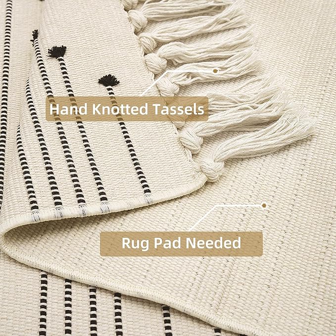 Tritard Boho Area Rug 3x5 - Woven Entryway Rugs with Tassels Farmhouse Aztec Bedroom Lightweight Throw Rugs Washable Indoor Cotton Low Pile Thin Carpet for Kitchen, Bathroom, Playroom, Beige Cream