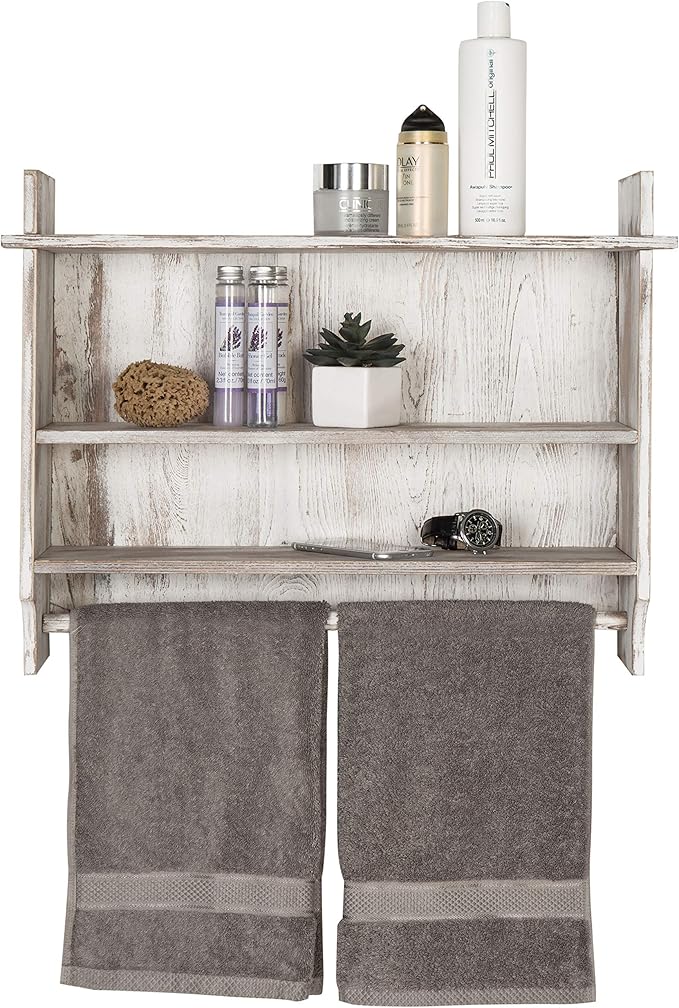 MyGift 3 Tier Wall Mounted Shabby White Washed Solid Wood Bathroom Storage Shelves, Wooden Floating Shelf Toilet Paper Holder Rack with 23 Inch Wide Towel Hanging Bar