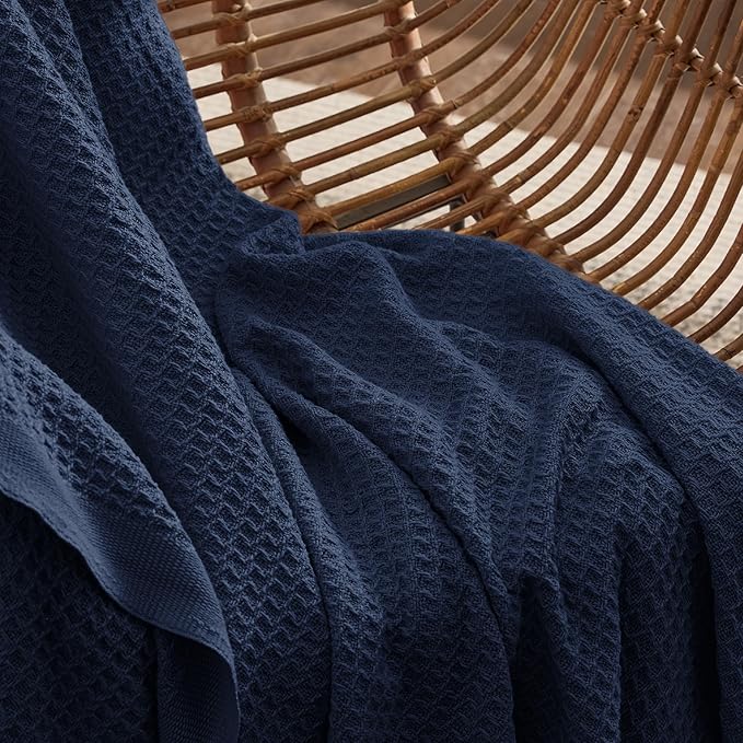 Bedsure 100% Cotton Blanket King Size for Bed - Breathable and Soft, Waffle Weave Blanket for Summer Spring, Pageant Blue, 104x90 inches