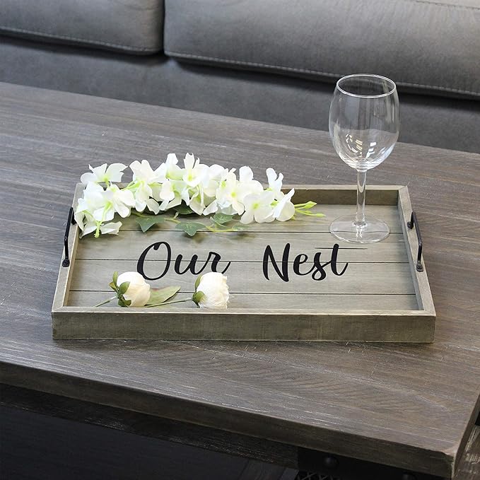 Elegant Designs HG2000-RGO Decorative Wood Serving Tray w/Handles, 15.50" x 12", Our Nest (Pack of 4)