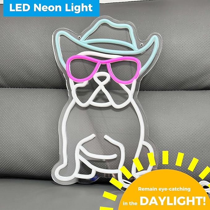 Cowboy French Bulldog Neon Sign for Wall Decor Cowboy Frenchie Wearing Glasses LED Neon Lights French Bulldog Decor Accessories Frenchie Decor French Bulldog Gifts (Cowboy),10.6x15.2 inches.