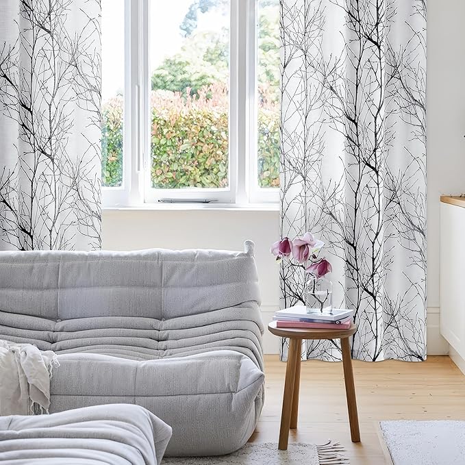 FMFUNCTEX Linen Semi Sheer Curtains for Bedroom, Black White Curtains 84 Inches Long for Living Room, Grey Tree Branch Patterned Curtain Light Filtering Farmhouse Window Drapes, Grommet Top 2 Panels