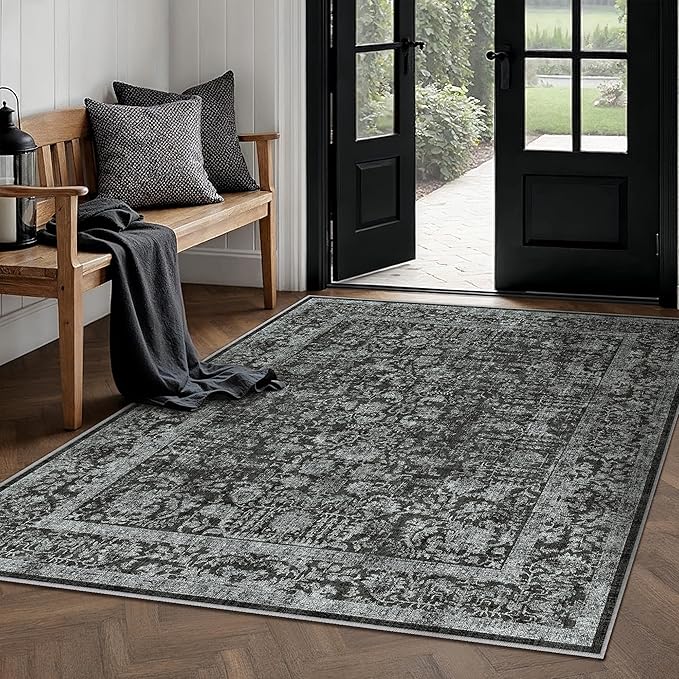 Dark Black Area Rug 3x5 Office Entryway Rug Machine Washable Kitchen Vintage Distressed Non Slip Carpet Indoor Retro Floral Accent Throw Door Mat for Bathroom Bedroom Dining Living Room