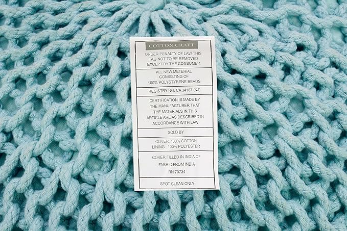 COTTON CRAFT Round Pouf - Hand Knitted Cotton Braid Cord Cable Dori Ottoman - Foot Stool - Floor Pouf Footrest Accent Seat Furniture Bean Bag - Living Room Kids Nursery Dorm Décor - 20x14 - Light Blue