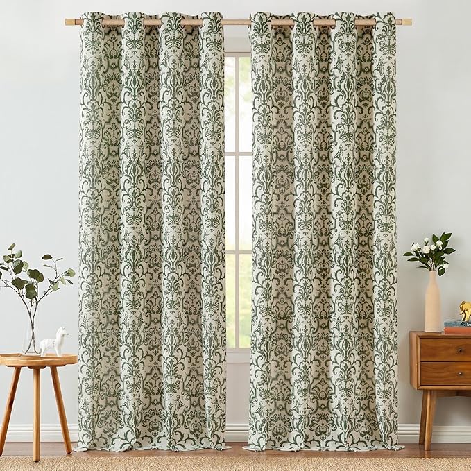 jinchan Extra Long Linen Curtains for Living Room & Bedroom - Moss Green Damask 96 Inch Long Light Filtering Vintage Curtains with Grommet - 2 Panels Set