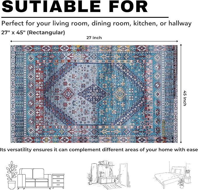 Washable Soft Small Boho Area Rugs, Rags Rug, Printed Carpet Chennile Rugs for Living Room 27x45 inch Teal Blue Multi,Machine Washable Printed Rugs - 30% Cotton, 70% Polyester