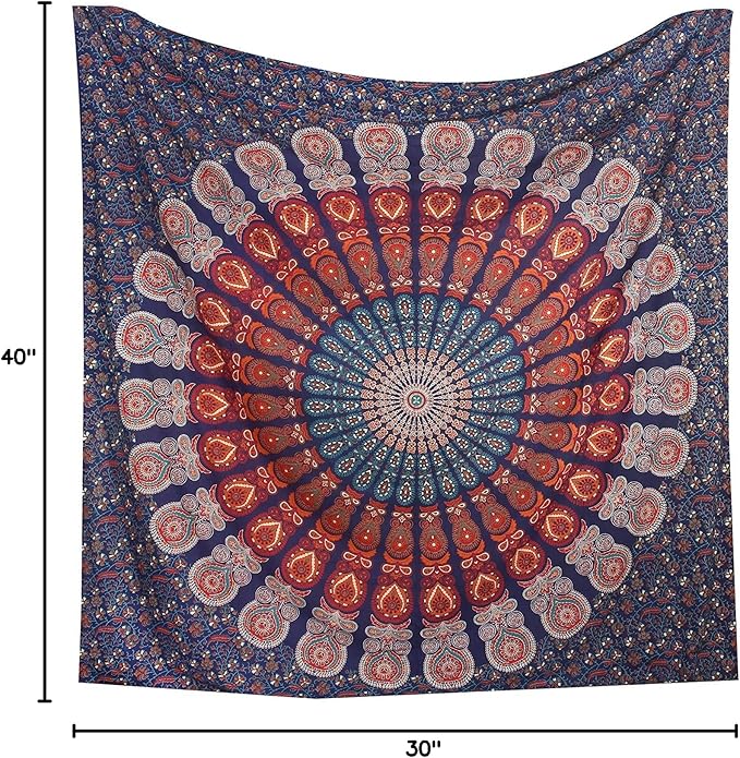 Bless International Handmade Indian hippie Bohemian Psychedelic Peacock Mandala Wall hanging College Dorm Beach Throws Table Cloth Bedding Tapestry (Golden Blue White, Poster(30x40Inches)(76x101cms))