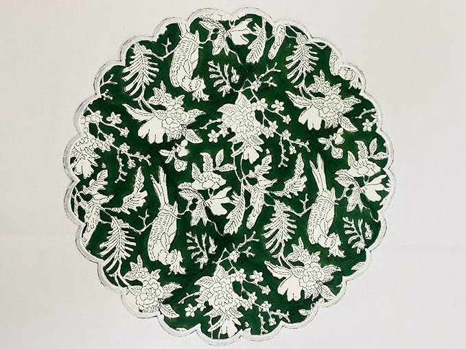 Ridhi Riffle Green Bo-ho Round Place Mat Double Layer Floral Cotton Washable Placemats 15" Round Embroidery Block Print Table Mat Pack of 4-15 Inch Round