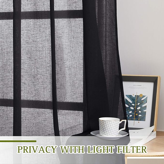 NICETOWN Natural Flax Sheer Linen Curtains Grommet Top, Semitransparent Vertical Blinds Solid Cool Window Treatment Privacy with Light Filter for Boys Bedroom, Black, W52 x L45, Set of 2