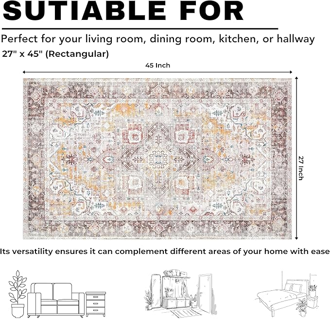 Feet Washable Soft Small Boho Area Rugs, Rags Rug, Printed Carpet Chennile Rugs for Living Room 27x45 inch Cream Brown Multi,Machine Washable Printed Rugs - 30% Cotton, 70% Polyester