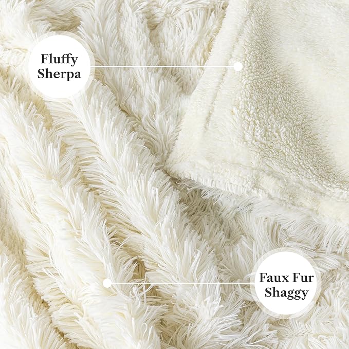PAVILIA Cream Beige Fluffy Bed Blanket, Queen Size, Fuzzy Blanket for Women Men, Furry Plush Warm Large Blanket for Couch Sofa, Super Soft Thick Faux Fur Sherpa Blanket, 90x90