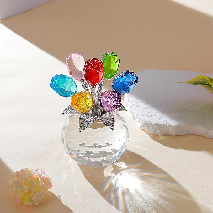 Colorful Rose Flower Crystal Figurine with Vase, Bouquet Flowers Ornament Gifts for Wife Girlfriend Women, Handmade Crystal Flower Collectible Home Table Decor for Valentine's Day Wedding Anniversary