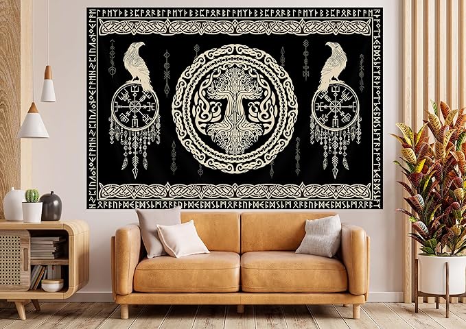 Hajmsug Vikings Tapestry,Black and White Tree Bird of Wisdom Celtic Rune Ancient Rune Totem Norse Mythology Medieval Viking Wall Art,Aesthetic Mythology Tapestry for Bedroom Living Room,80X60 Inch.
