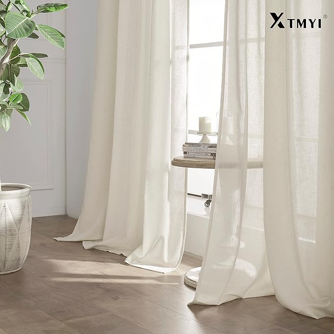 XTMYI 86 Inch Linen Curtains,2 Panels Set Semi Sheer Boho Back Tab Pleated Rod Pocket Curtain Drapes for Living Room Bedroom,Cream Ivory,40x86 in Long